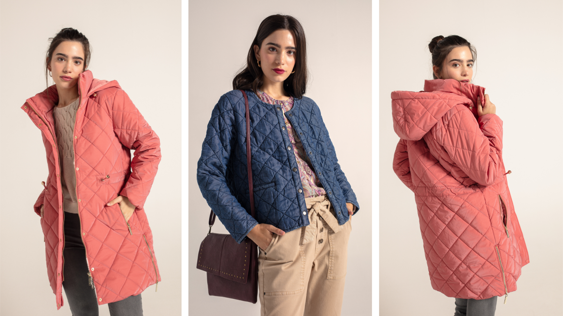 Look con abrigo acolchado en color coral, perfecto para otoño
